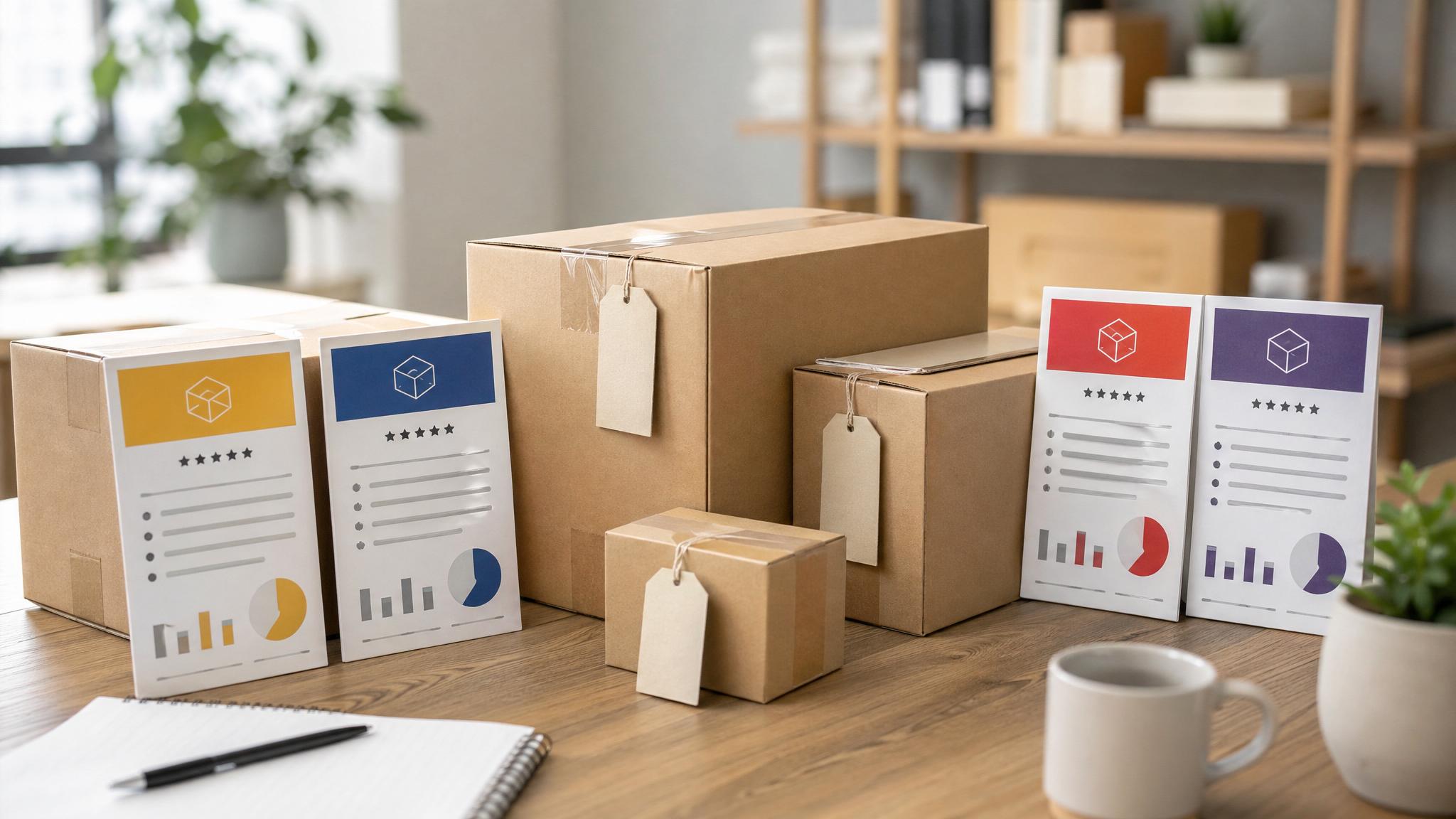Mehrere Pakete und Vergleichskarten für Paketdienst-Vergleich