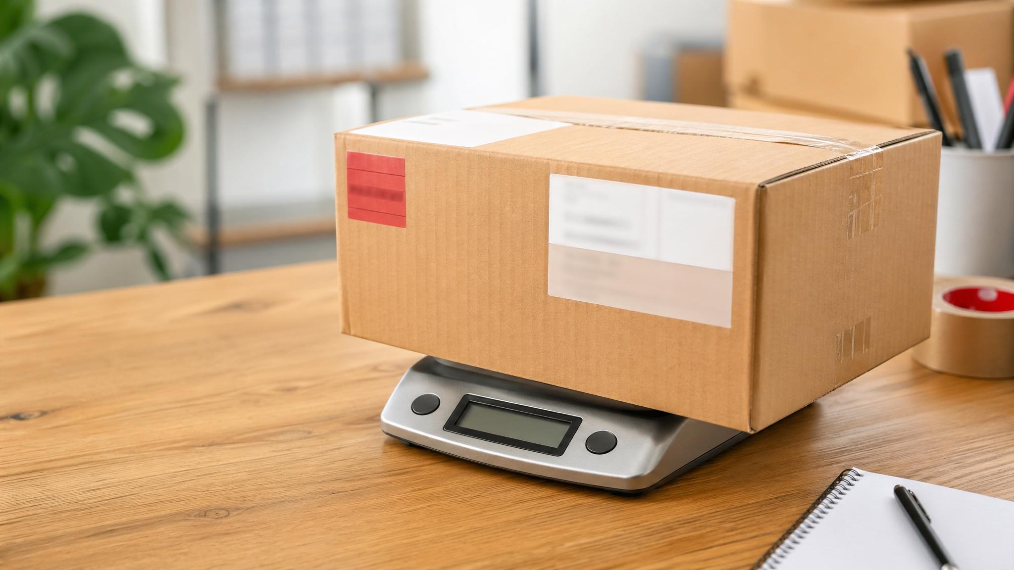 Paket auf Waage mit neutralem roten Label-Akzent für DPD Versandkosten
