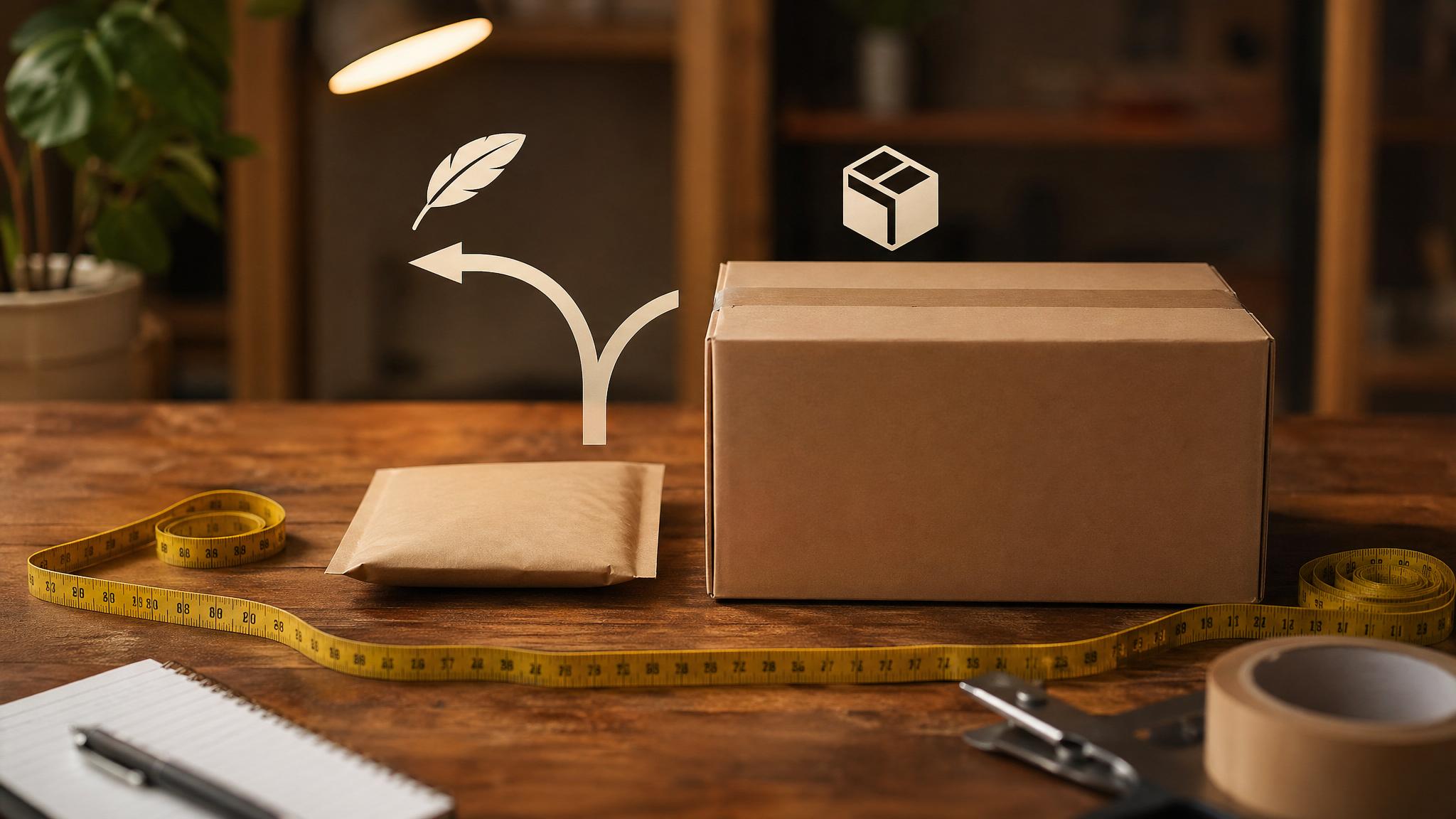Päckchen und Paket auf Packtisch zum Vergleich der Versandart
