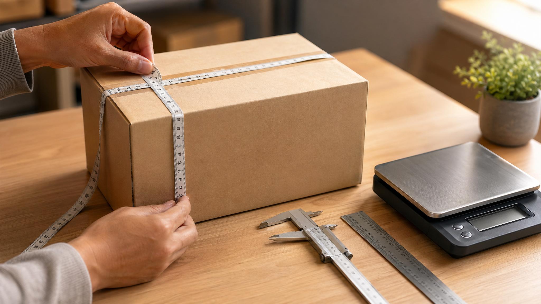 Paket auf einem Tisch mit Maßband und Waage vor der Abgabe kontrollieren
