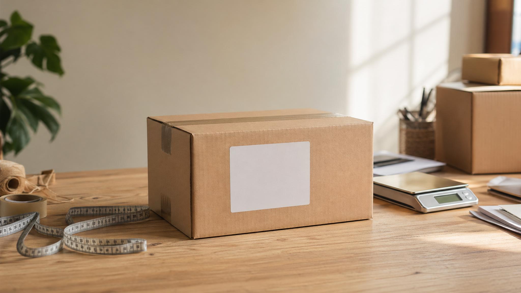 Paket mit Maßband und Waage zum Berechnen von Versandkosten